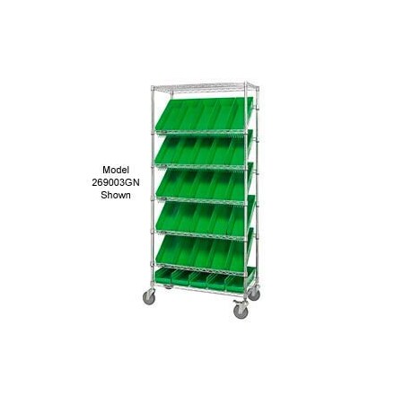 Global Industrial Easy Access Slant Shelf Chrome Wire Cart 18 4inH Shelf Bins Green 36Lx18Wx74H 269005GN